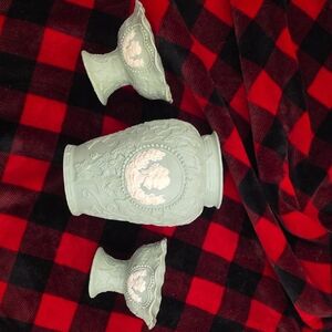 JTS International Jasperware Cameo Glass Sage Green Pedestal Bowl 4" x 5.5" Vase